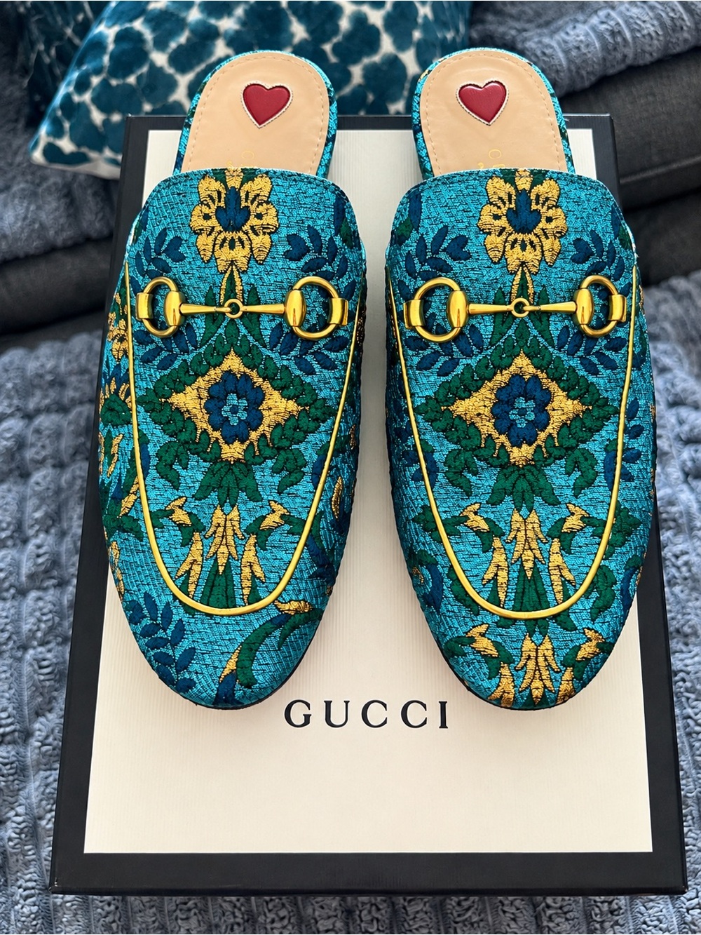 Rinascimento Teal & Gold Embroidered Slip-On Mules